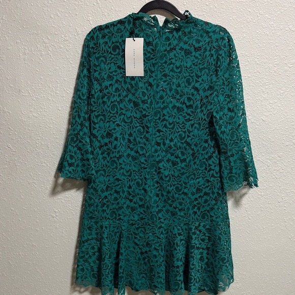 Zara Woman Emerald Green Floral Lace High Neck Bell Sleeve Flounce Mini Dress S - Picture 7 of 10